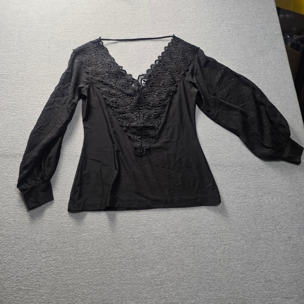 Lace Blouse Womens M Black Sheer Balloon Sleeve Deep V Neck Romantic Boho Venus